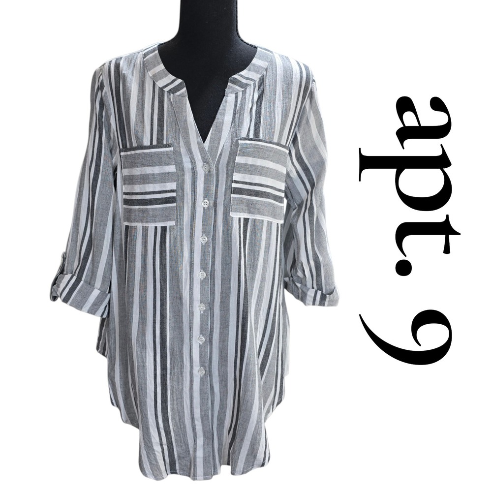 Apt. 9 Button‎ Down Shirt Womens Small Grey White Cotton Striped Tunic Roll Tab